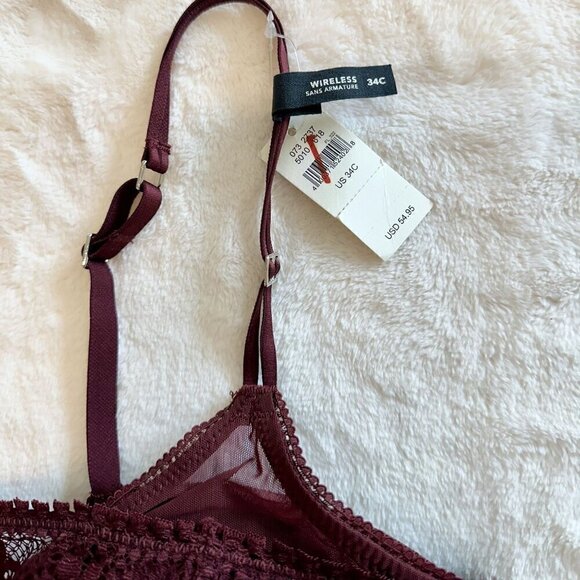 NWT Aerie Maroon Real Power Wireless Push Up Joy Convertible Lace Bra - 34C - Picture 6 of 10